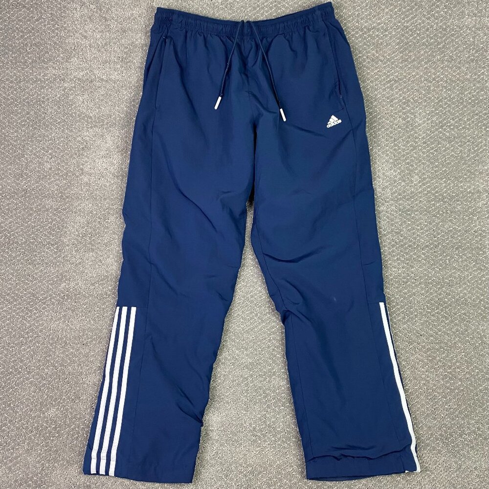 Adidas Woven Track Pants Men's XL Blue w 3 White Stripes Jogger Running Cinch